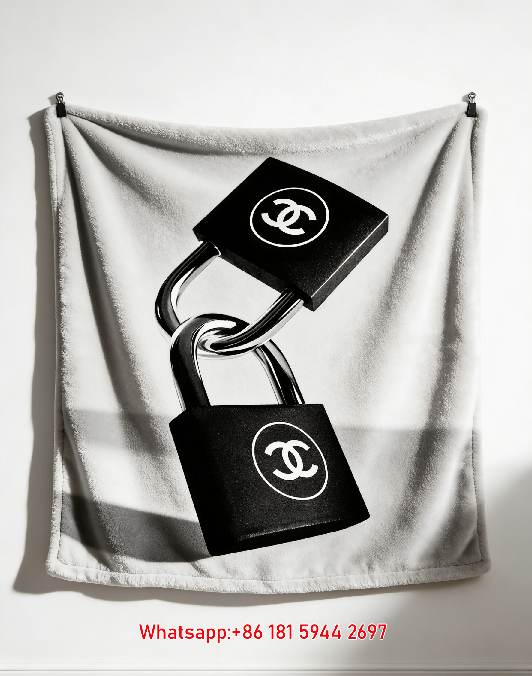 Luxury Chanel Padlock CC Logo Flannel Throw Blanket  Monochrome Black & White Print IMG_7183